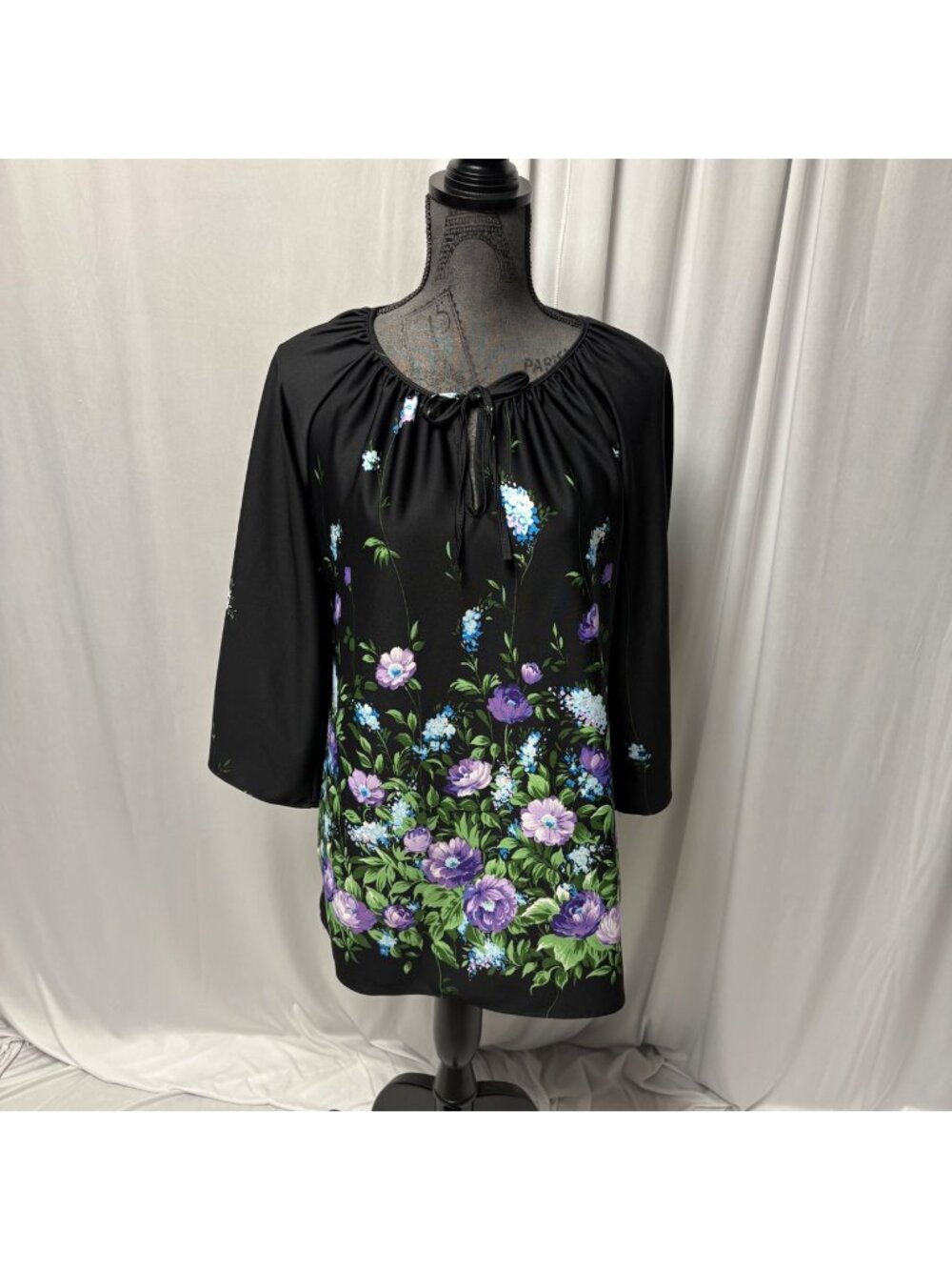 Teddi Of California Floral Black Tunic Top Womens Size 16 Tie Neck Blouse VTG